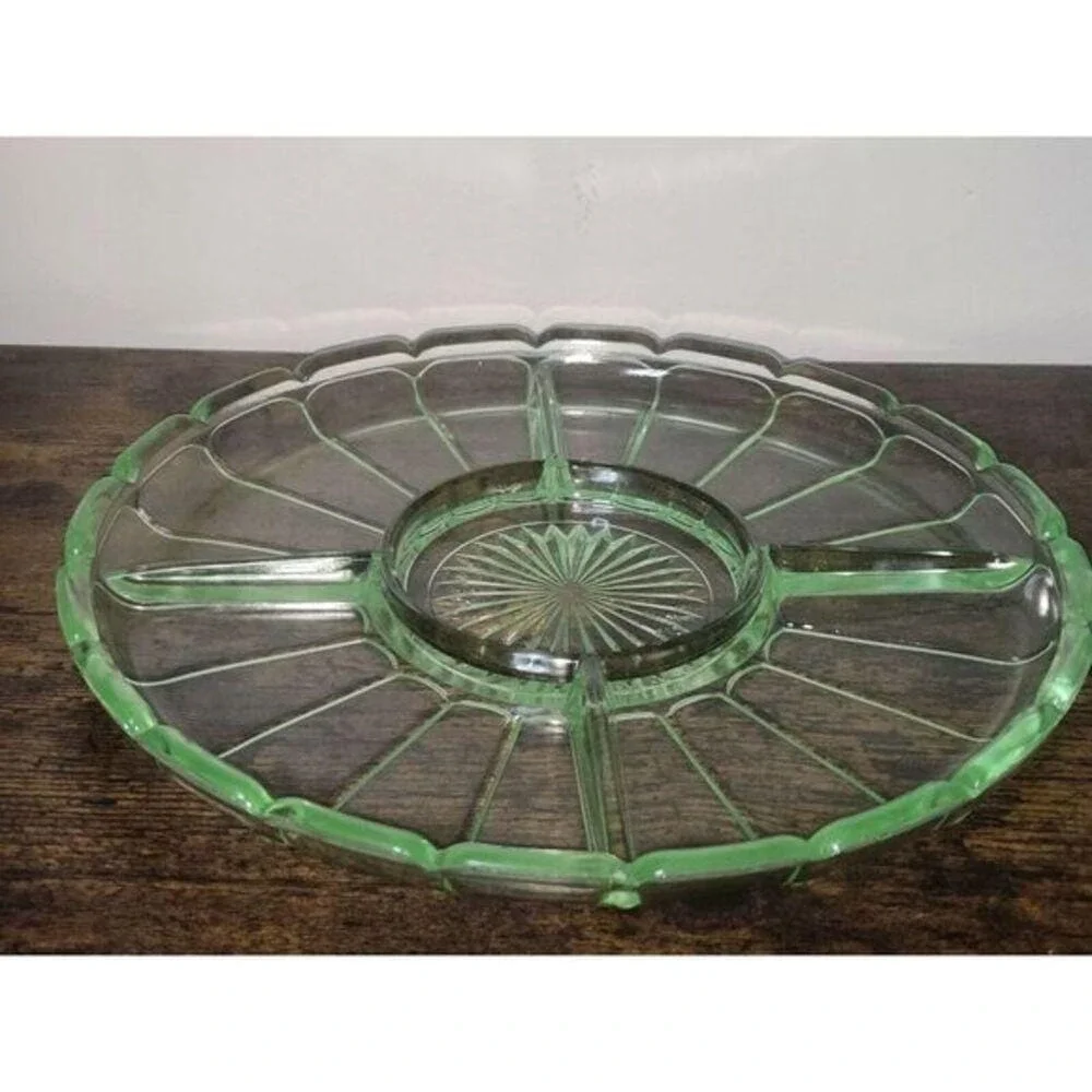 Hazel Atlas Ribbon Green Uranium Depression Glass Divided Relish Dish Tray 10